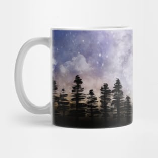 Cloudy sky above woodland Mug